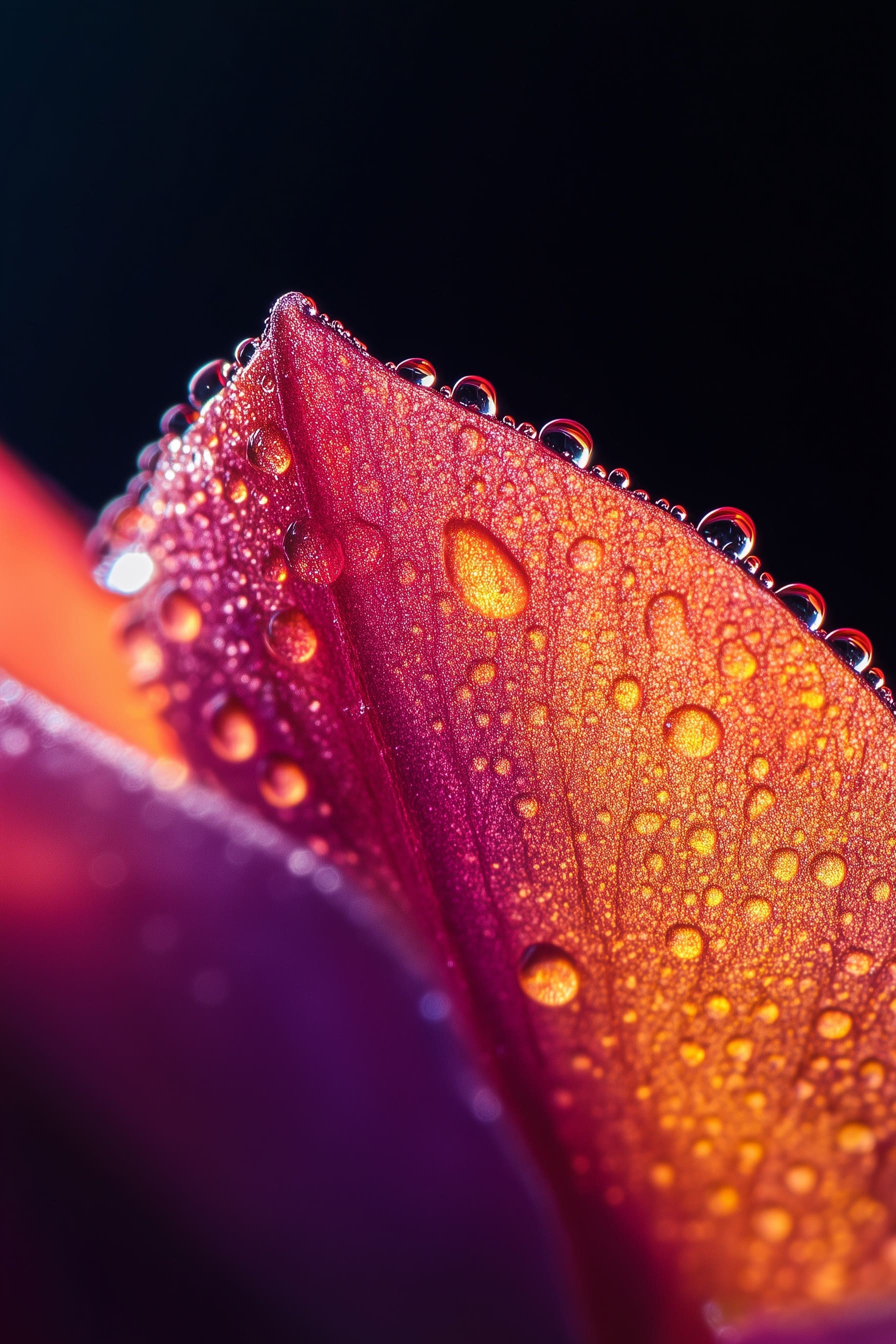 Close-up of a vibrant orange and purple flower petal covered in glistening water droplets against a dark background.